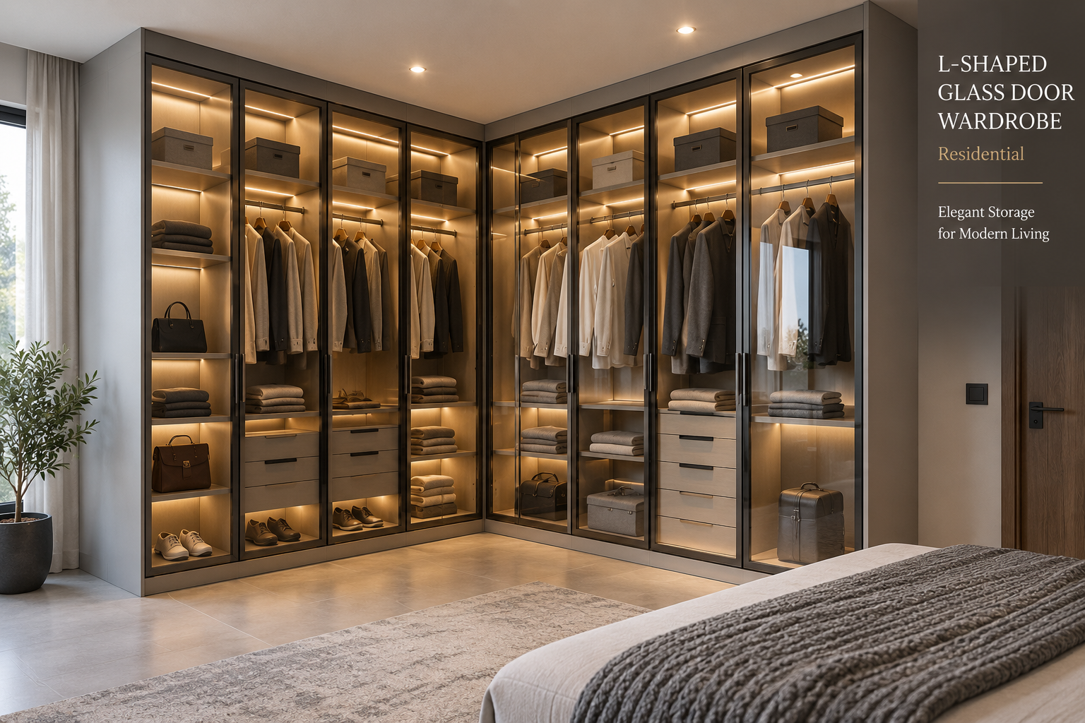 Custom L-Shaped Glass Wardrobe with LED Lighting Tanzania